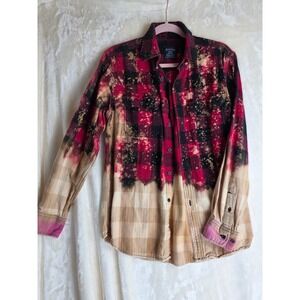 Faded Glory Red Black Plaid Bleached Flannel Shirt Custom Distressed